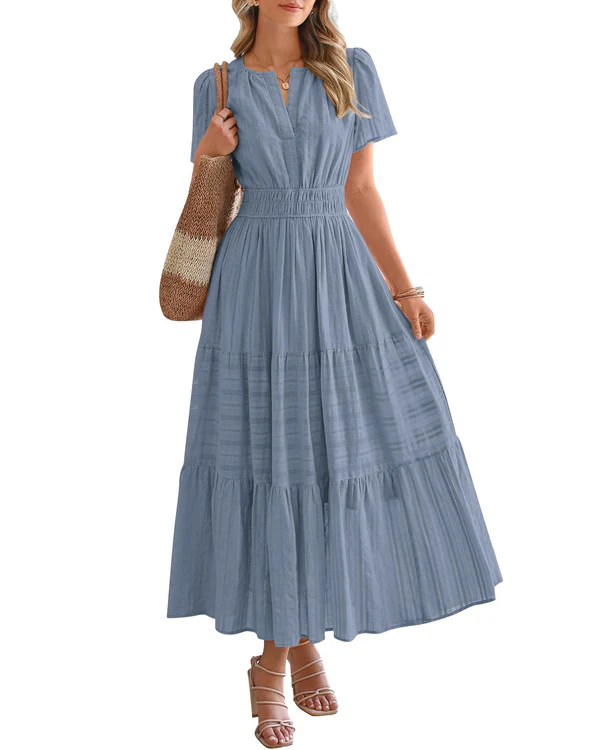 Elara™ | Sukienka maxi w stylu boho o kroju litery A z dekoltem w serek i luźnym krojem - Eliza-Warszawa