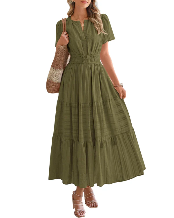 Elara™ | Sukienka maxi w stylu boho o kroju litery A z dekoltem w serek i luźnym krojem - Eliza-Warszawa