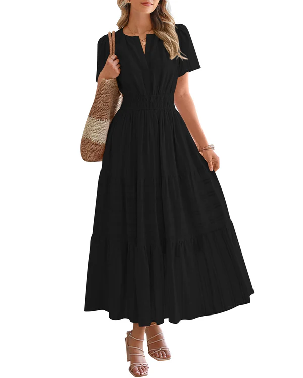 Elara™ | Sukienka maxi w stylu boho o kroju litery A z dekoltem w serek i luźnym krojem - Eliza-Warszawa