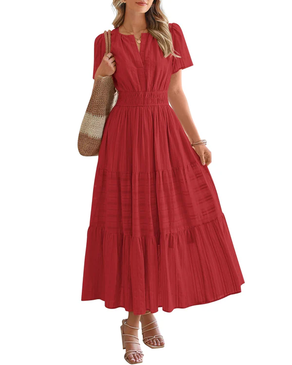 Elara™ | Sukienka maxi w stylu boho o kroju litery A z dekoltem w serek i luźnym krojem - Eliza-Warszawa