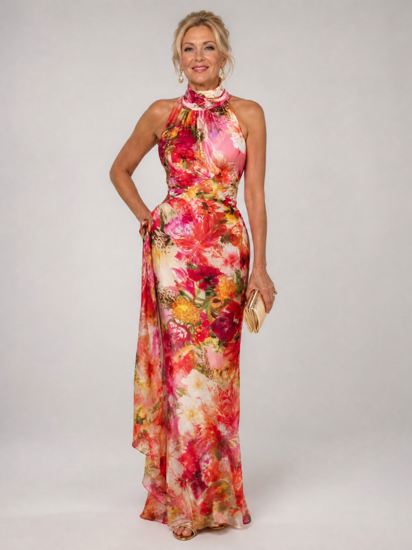 Elisabetta | Sukienka maxi z dekoltem halter i kwiatowym nadrukiem - Eliza-Warszawa