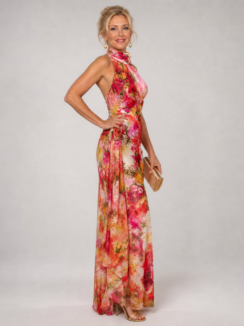 Elisabetta | Sukienka maxi z dekoltem halter i kwiatowym nadrukiem - Eliza-Warszawa