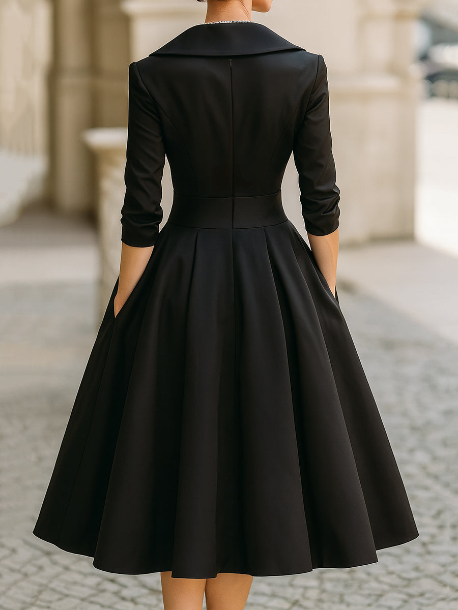 Emma | Elegancka rozkloszowana sukienka midi z kopertowym dekoltem dla gości weselnych - Eliza-Warszawa