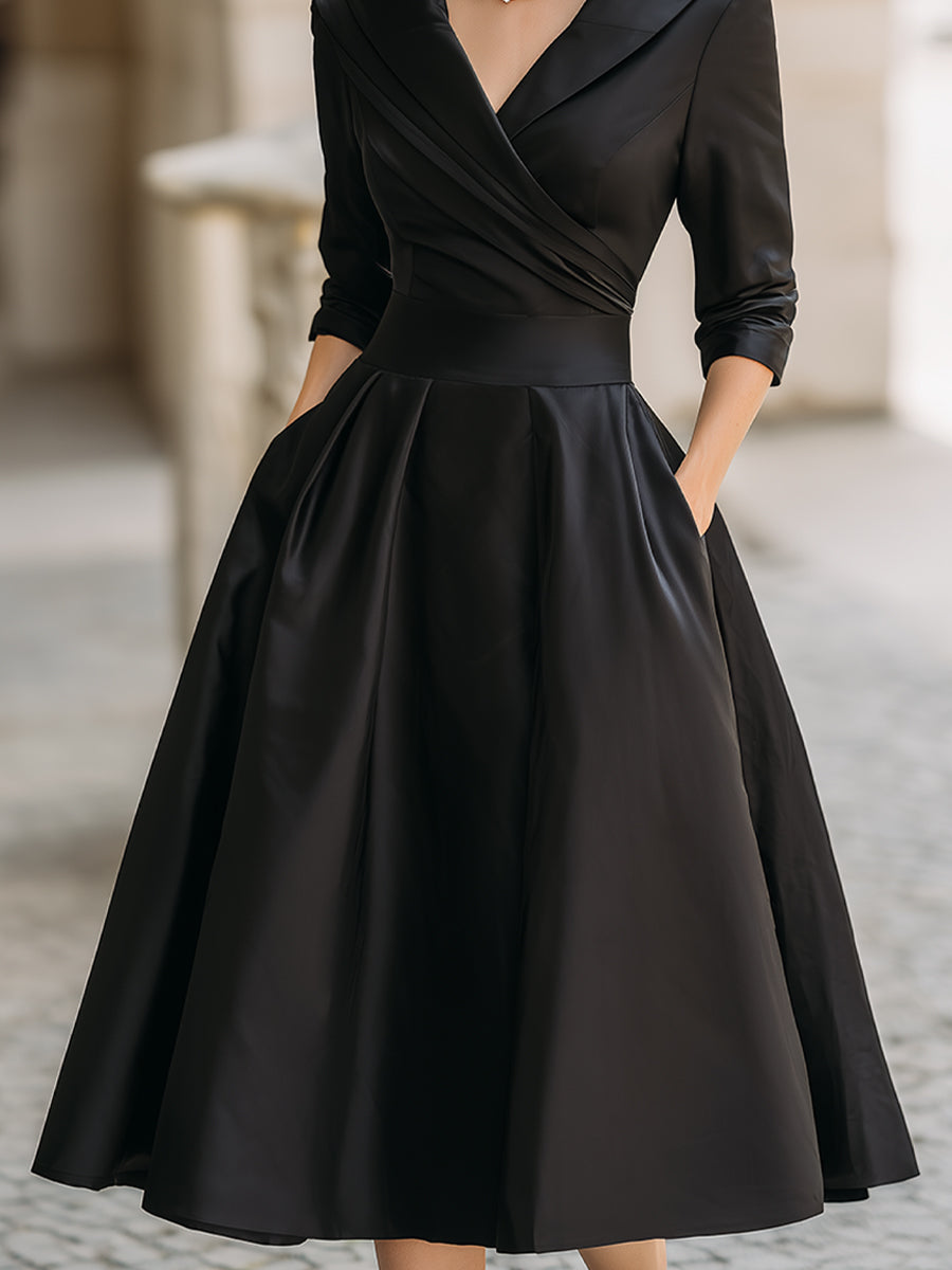 Emma | Elegancka rozkloszowana sukienka midi z kopertowym dekoltem dla gości weselnych - Eliza-Warszawa