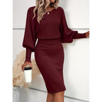 LEAH™ – Elegancka sukienka sweterkowa z talią i rękawami typu lampion - Eliza-Warszawa