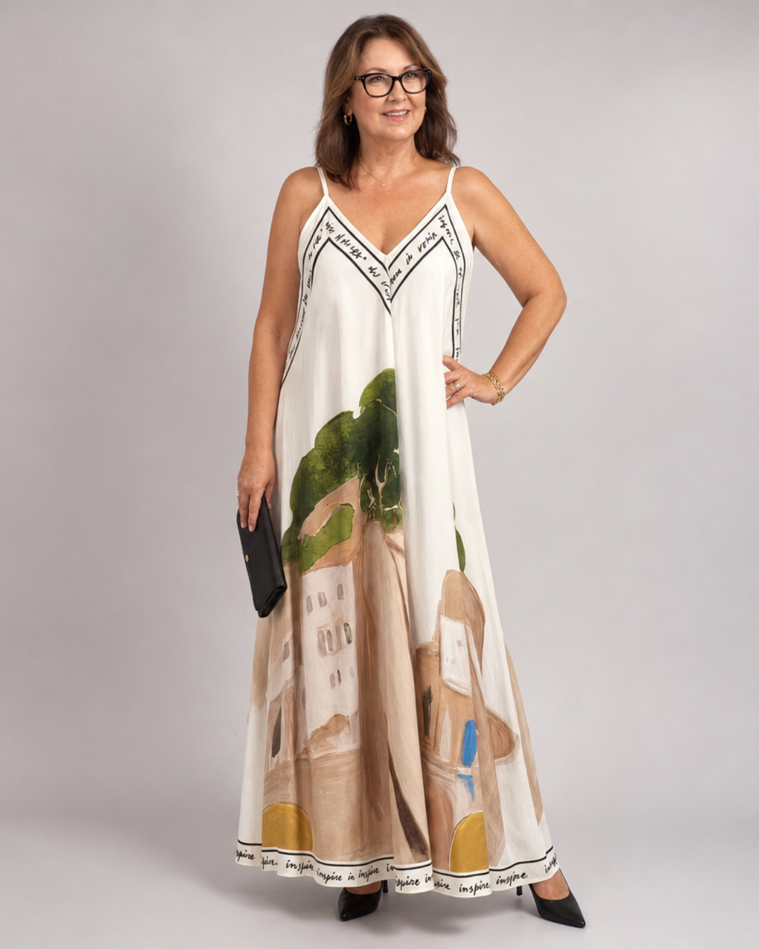 Lira | Sukienka midi bez rękawów z nadrukiem scenicznym - Eliza-Warszawa