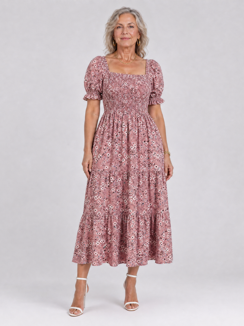 Louse | Sukienka midi z kwadratowym dekoltem i marszczeniami w kwiaty - Eliza-Warszawa