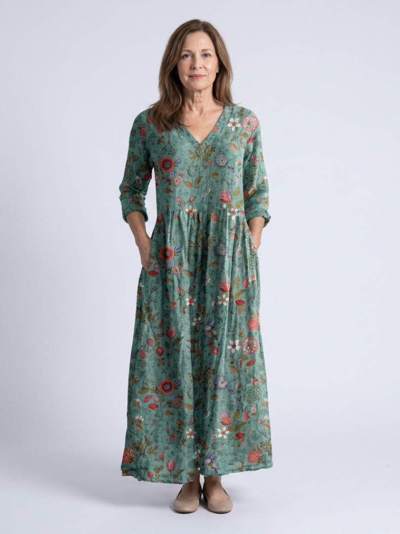 Marina | Sukienka maxi w kwiaty z dekoltem w serek i rękawami 3/4 - Eliza-Warszawa