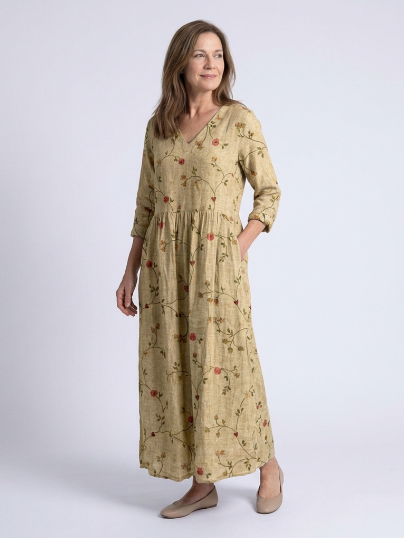 Marina | Sukienka maxi w kwiaty z dekoltem w serek i rękawami 3/4 - Eliza-Warszawa