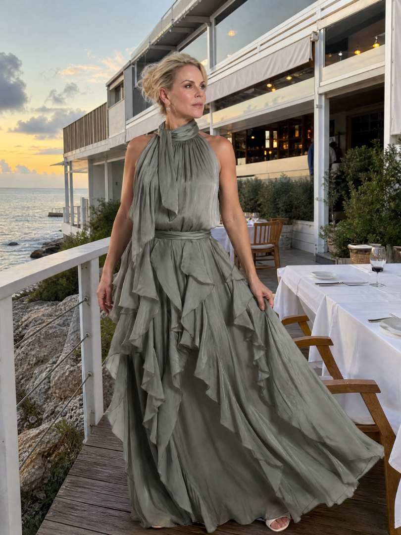 Melisande | Sukienka maxi z falbanką i dekoltem halter