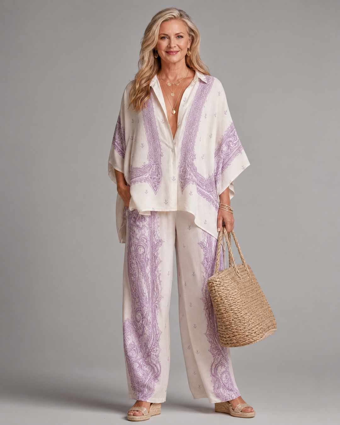 Sodaya | Luźny zestaw z koszulą oversize i szerokimi spodniami z nadrukiem