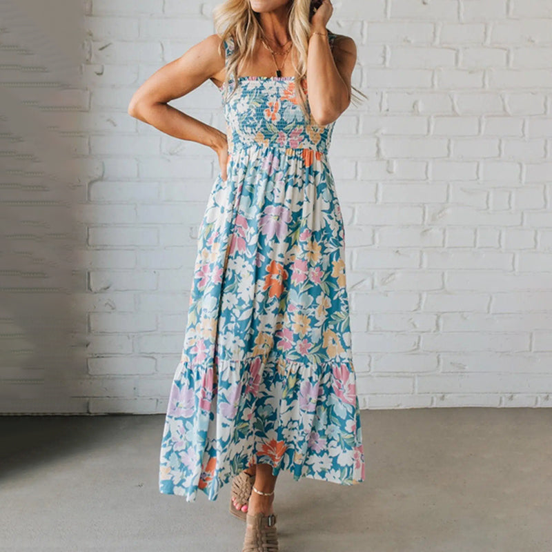 Sukienka maxi w kwiaty, marszczony gorset, regulowane ramiączka - Eliza-Warszawa