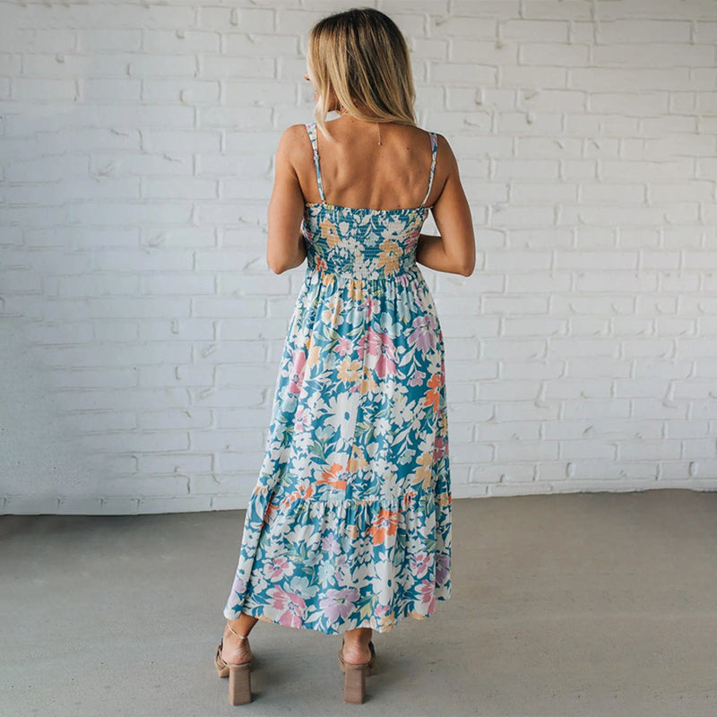Sukienka maxi w kwiaty, marszczony gorset, regulowane ramiączka - Eliza-Warszawa