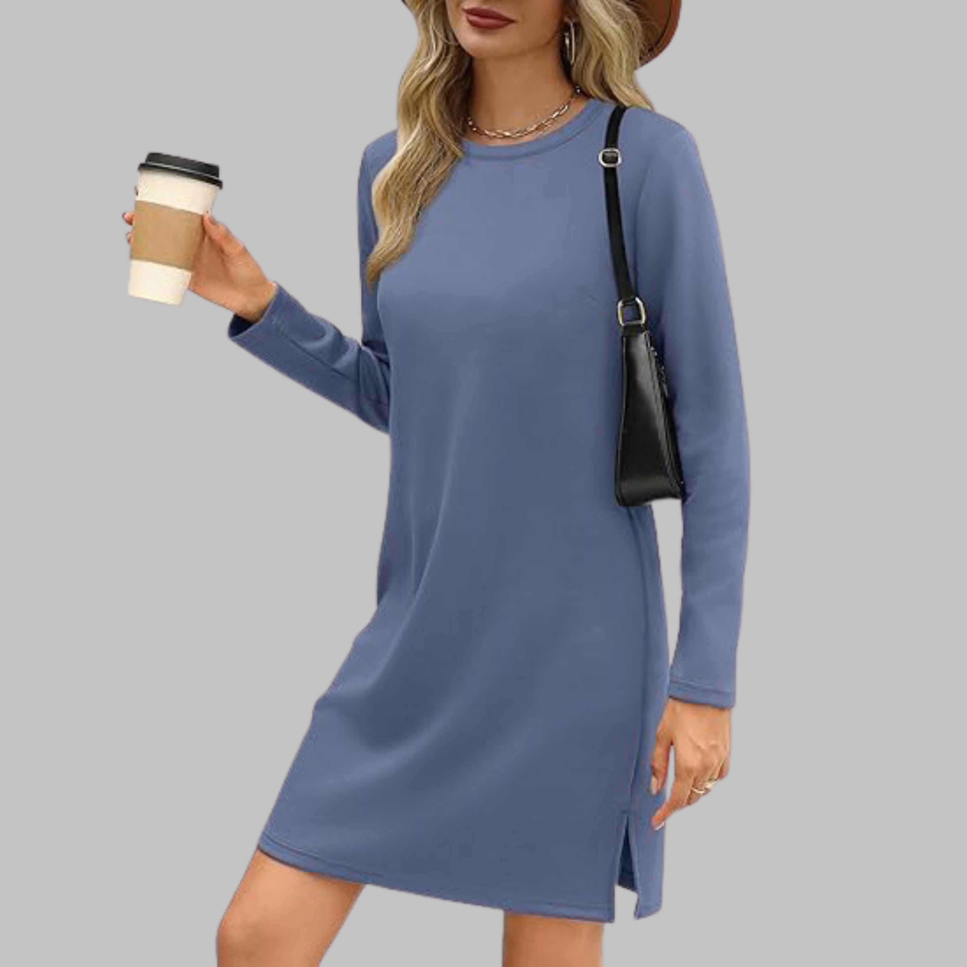 TATLO™ – Casualowa mini sukienka z długim rękawem i okrągłym dekoltem - Eliza-Warszawa