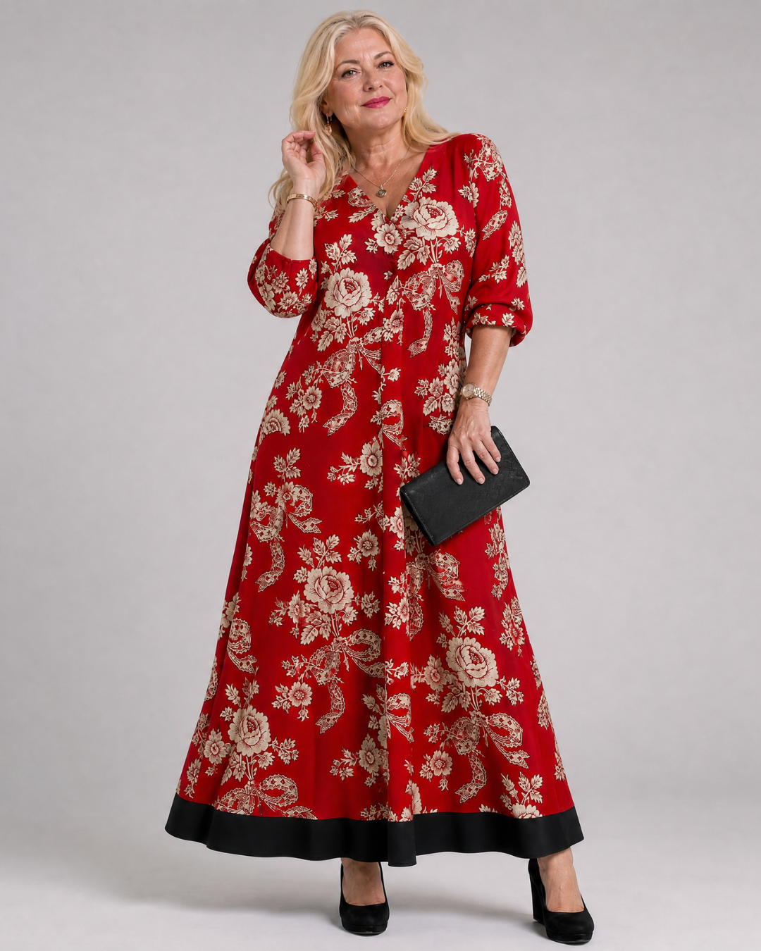 Thopal | Sukienka midi w stylu vintage z kwiatowym dekoltem w serek i luźną sylwetką