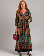 Valmira | Luźna sukienka midi z ozdobnym nadrukiem w stylu boho