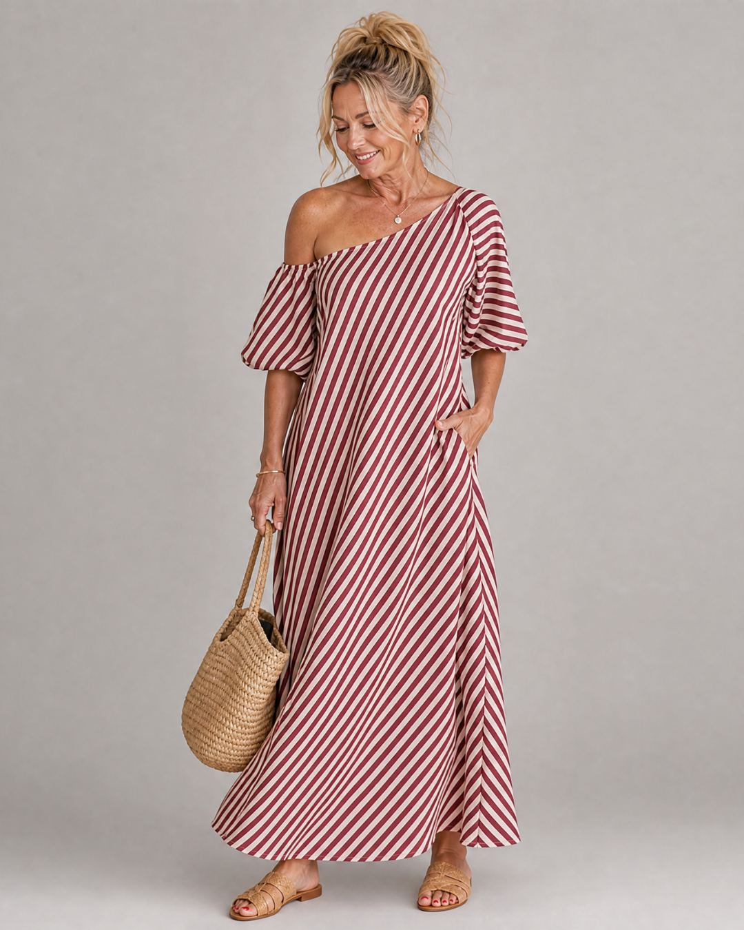 Zamrina | Sukienka midi w paski z odkrytymi ramionami i bufiastymi rękawami